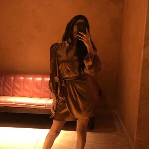 Bronze Satin Mini Wrap Dress